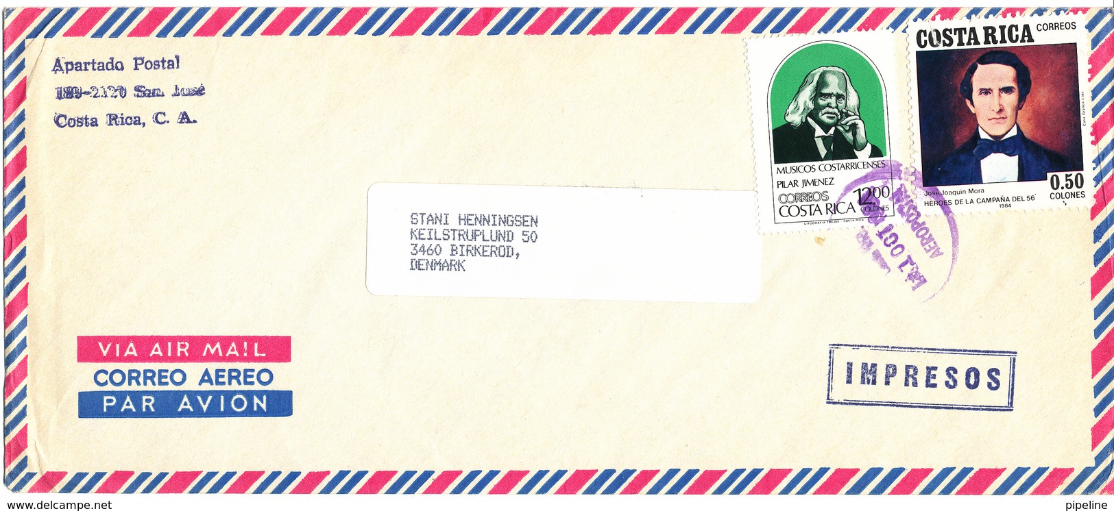 Costa Rica Air Mail Cover Sent To Denmark 1-10-1984 - Costa Rica