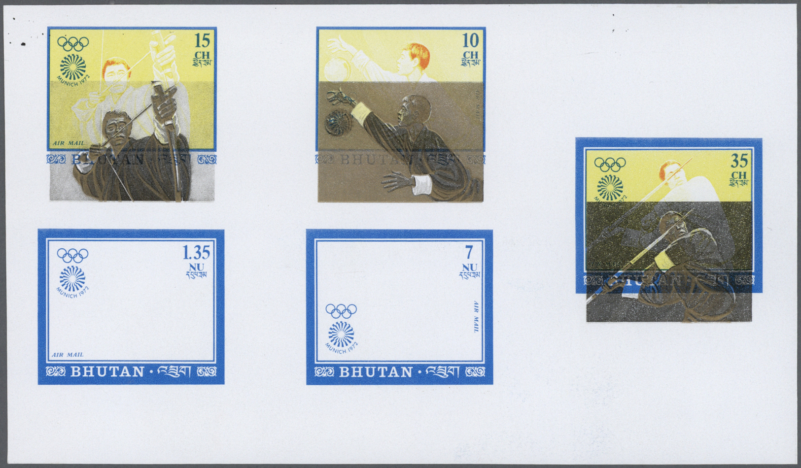 ** Thematik: Olympische Spiele / olympic games: 1972, MUNICH ´72, basketball, archery and javelin - 9 items; Bhutan, pro