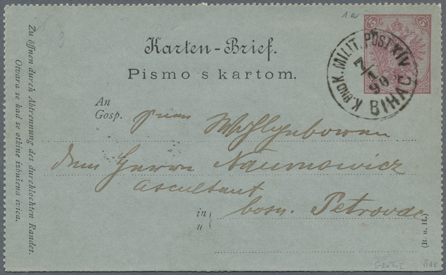 GA Bosnien Und Herzegowina - Stempel: BIHAC Und PETROVAC: 1890 (7.1.), Kartenbrief Doppeladler 5 Kr. Rosa Auf Gra - Bosnie-Herzegovine