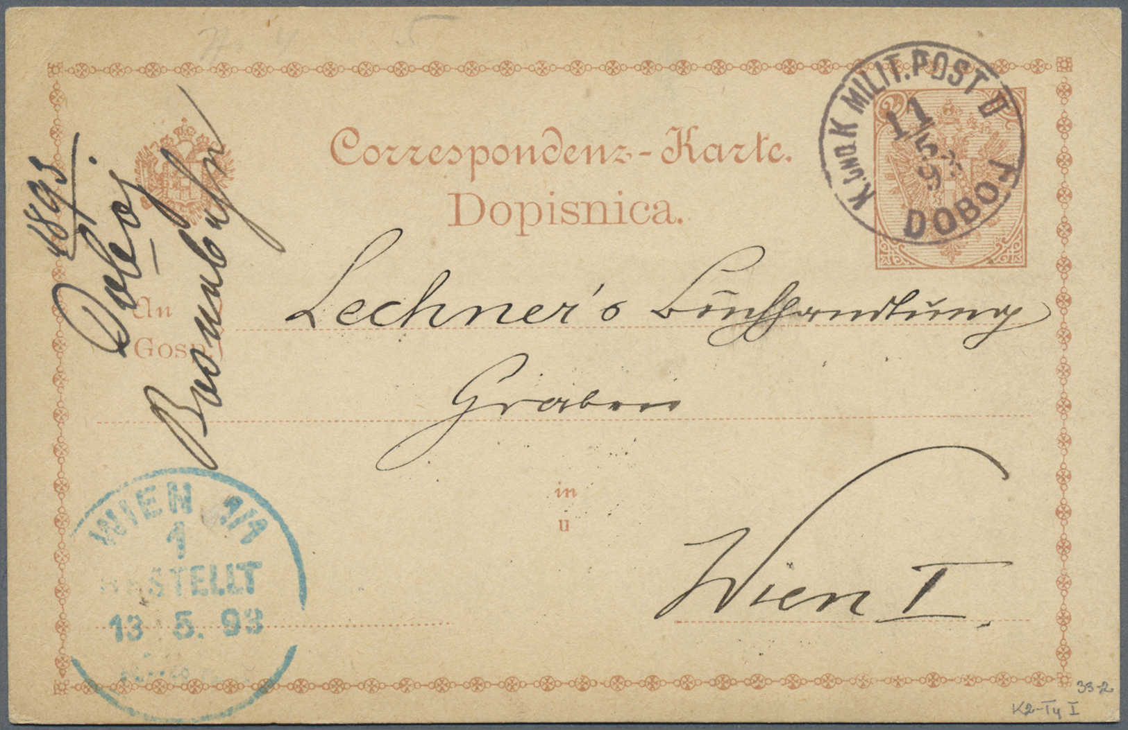 GA Bosnien Und Herzegowina - Stempel: DOBOJ: 1893 (11.5.), Postkarte 2 Kr. Rötlichbraun Mit Stempel 'K. Und K. MI - Bosnie-Herzegovine