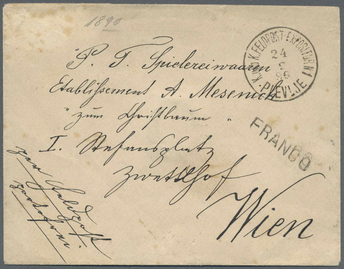 Br Bosnien Und Herzegowina - Stempel: PLEVLJE: 1890 (24.9.), Portofreier Feldpostbrief Mit Einzeiler 'FRANCO' Sow - Bosnia And Herzegovina