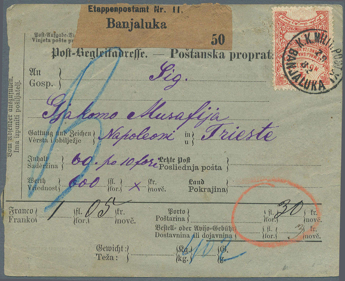 Br Bosnien Und Herzegowina - Besonderheiten: 1882, Post-Begleitadresse (PK 1) Von Banjaluka Nach Triest. Formular - Bosnia And Herzegovina