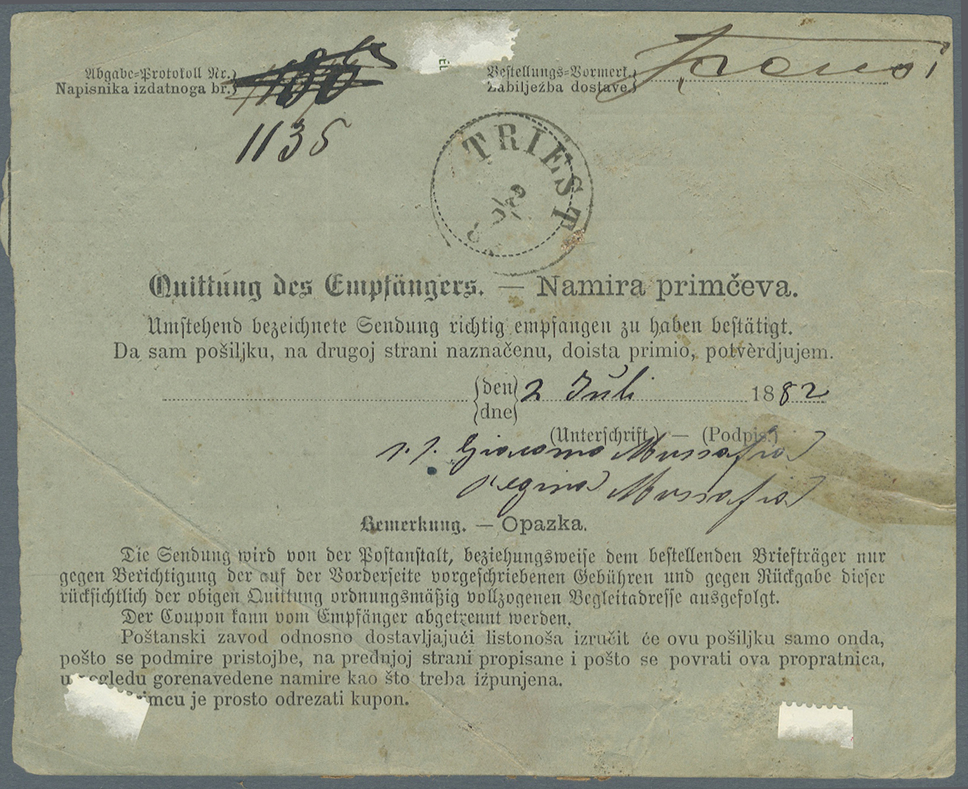 Br Bosnien Und Herzegowina - Besonderheiten: 1882, Post-Begleitadresse (PK 1) Von Banjaluka Nach Triest. Formular - Bosnia And Herzegovina