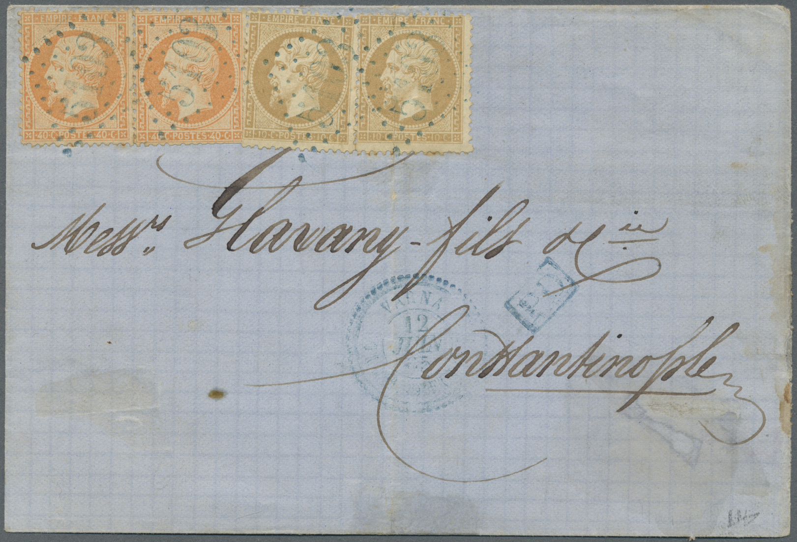 Br Bulgarien: 1865, VARNA French P.O., 10c. Bistre (2) And 40c. Orange (2) On Lettersheet From Varna To Constanti - Covers & Documents