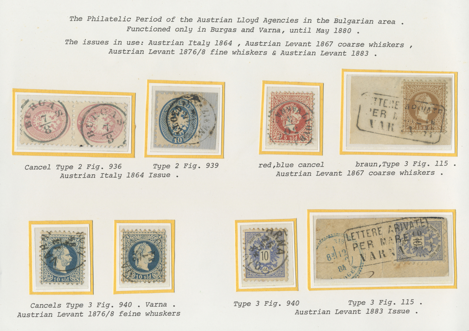 Brrst/O Bulgarien: 1864/1884 (ca.), Austrian Levant, Group Of Nine Stamps Bearing Postmarks Of BURGAS And VARNA. - Lettres & Documents