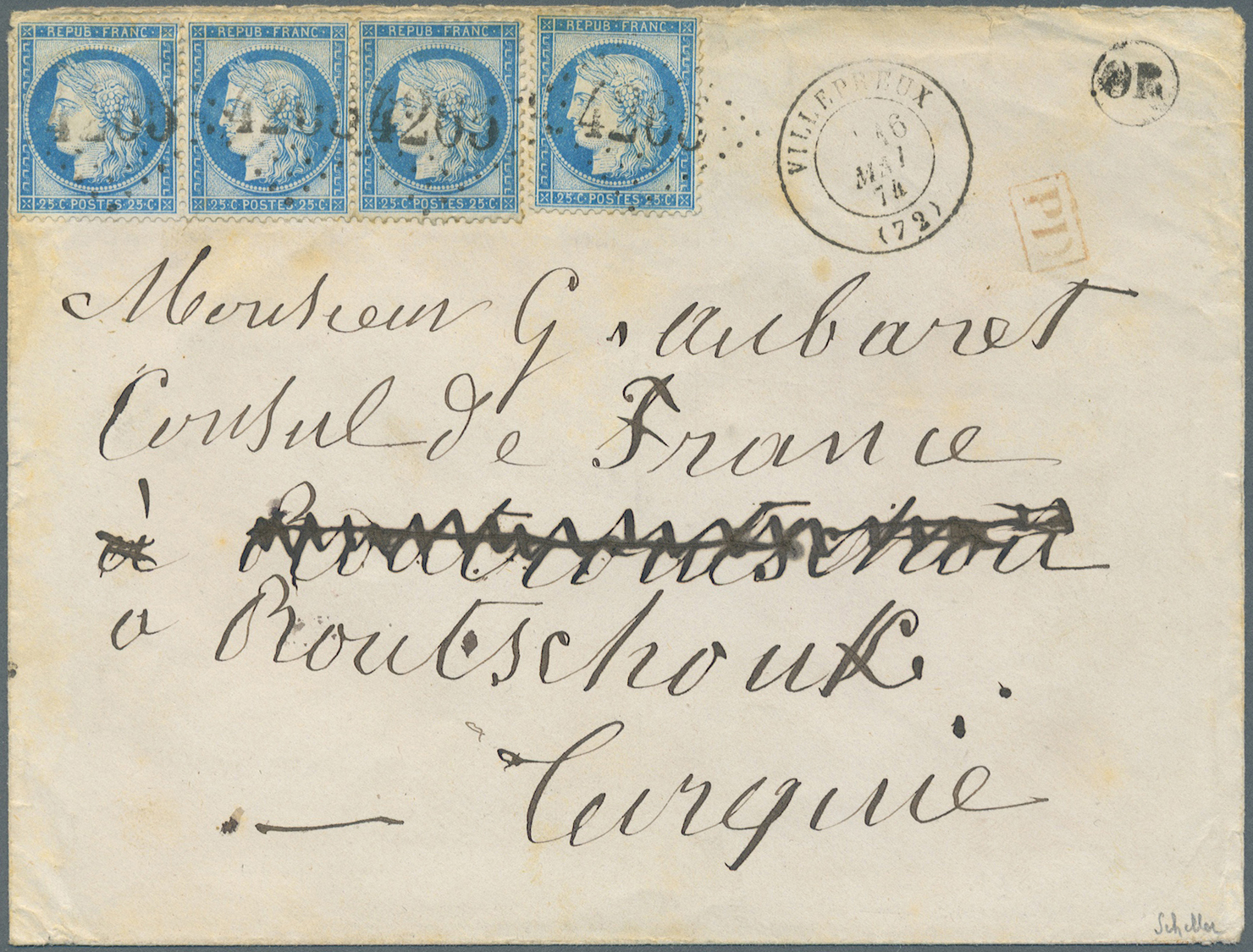 Br Bulgarien: 1874, EXTREMELY RARE FRENCH INCOMING MAIL: Envelope Bearing France Ceres 4x 25 C Blue All Tied By N - Covers & Documents