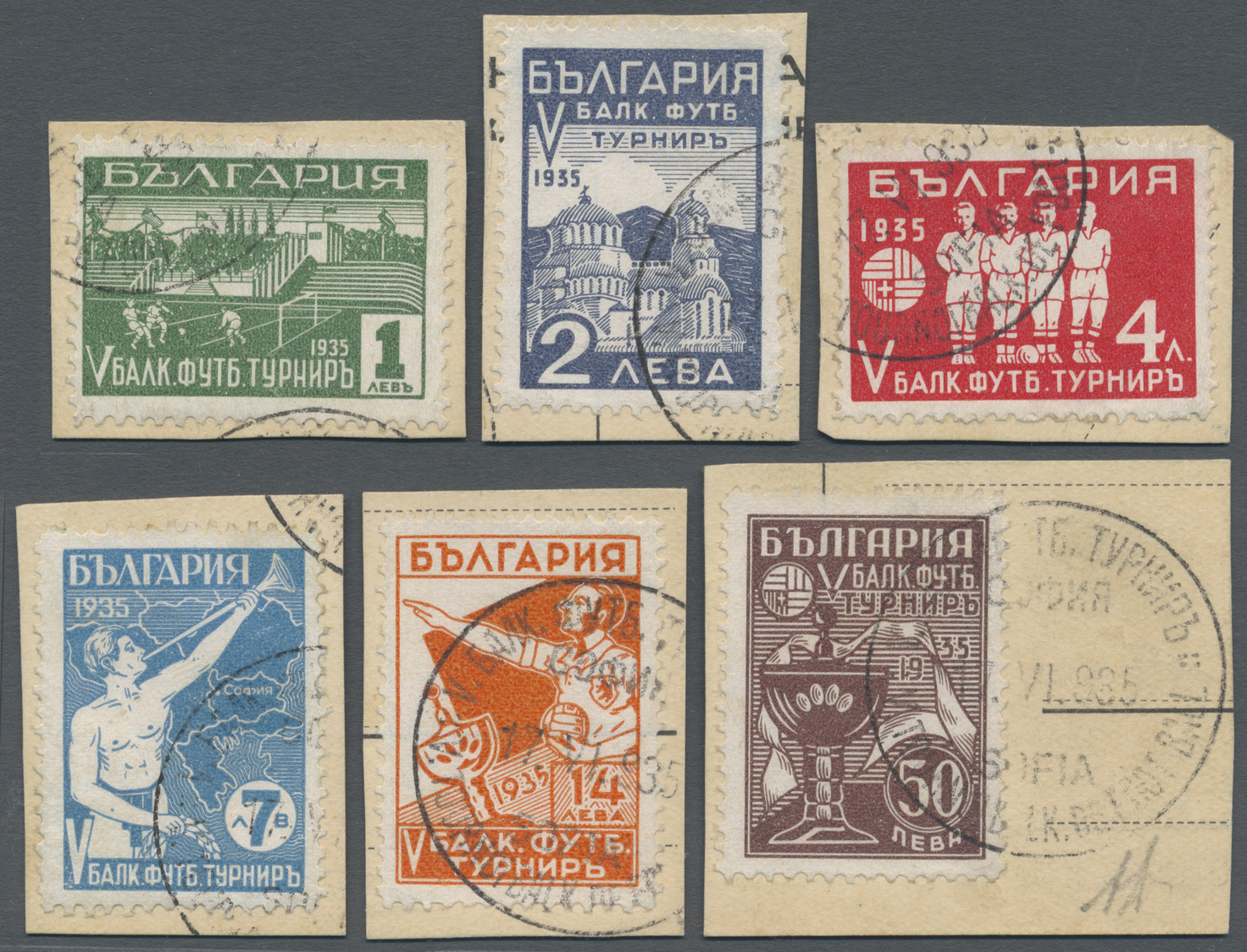 Brrst Bulgarien: 1935, 5th Balkan Football Championship, 1l. To 50l., Complete Set Of Six Values, On Piece Neatly Ob - Covers & Documents