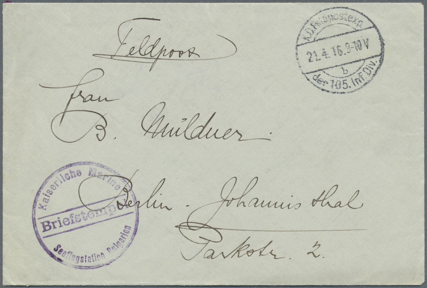 Bulgarien - Besonderheiten: 1916 Feldpostbrief Aus Varna (Bulgarien) Mit Blauem Briefstempel Der "Seeflugstati - Other & Unclassified