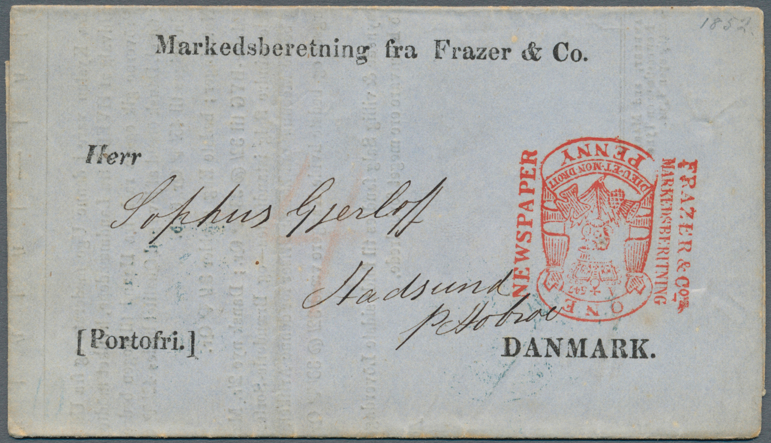 Br Dänemark: 1852 British Incoming Mail: Printed Matter "Markedsberetning Fra Frazer & Co" With Red "NEWSPAPER ON - Lettres & Documents