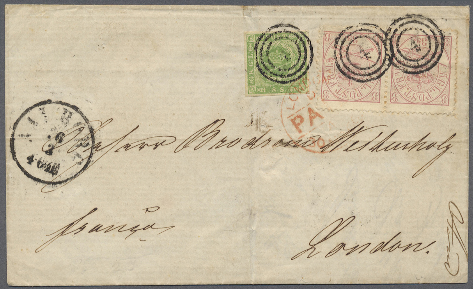 Br Dänemark: 1866. Envelope Addressed To London Bearing Yvert 5, 8s Green (imperf) And Yvert 12, Pair Of 3s Lilac - Covers & Documents