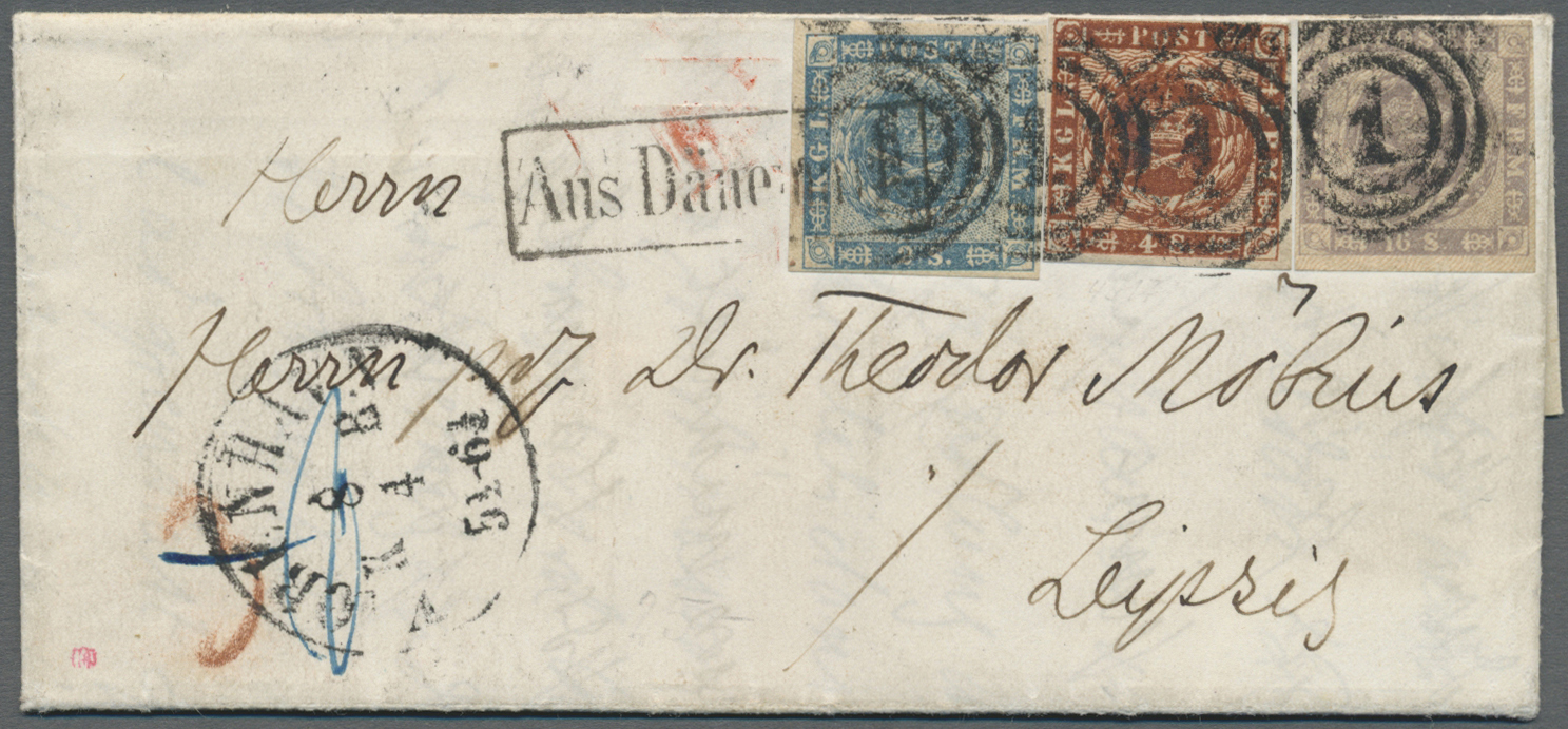 Br Dänemark: 1854, 16 S. Violet And 2 S. Blue And Issue 1858 4 S. Orange-brown Each Tied By Numeral "1" To Folded - Lettres & Documents