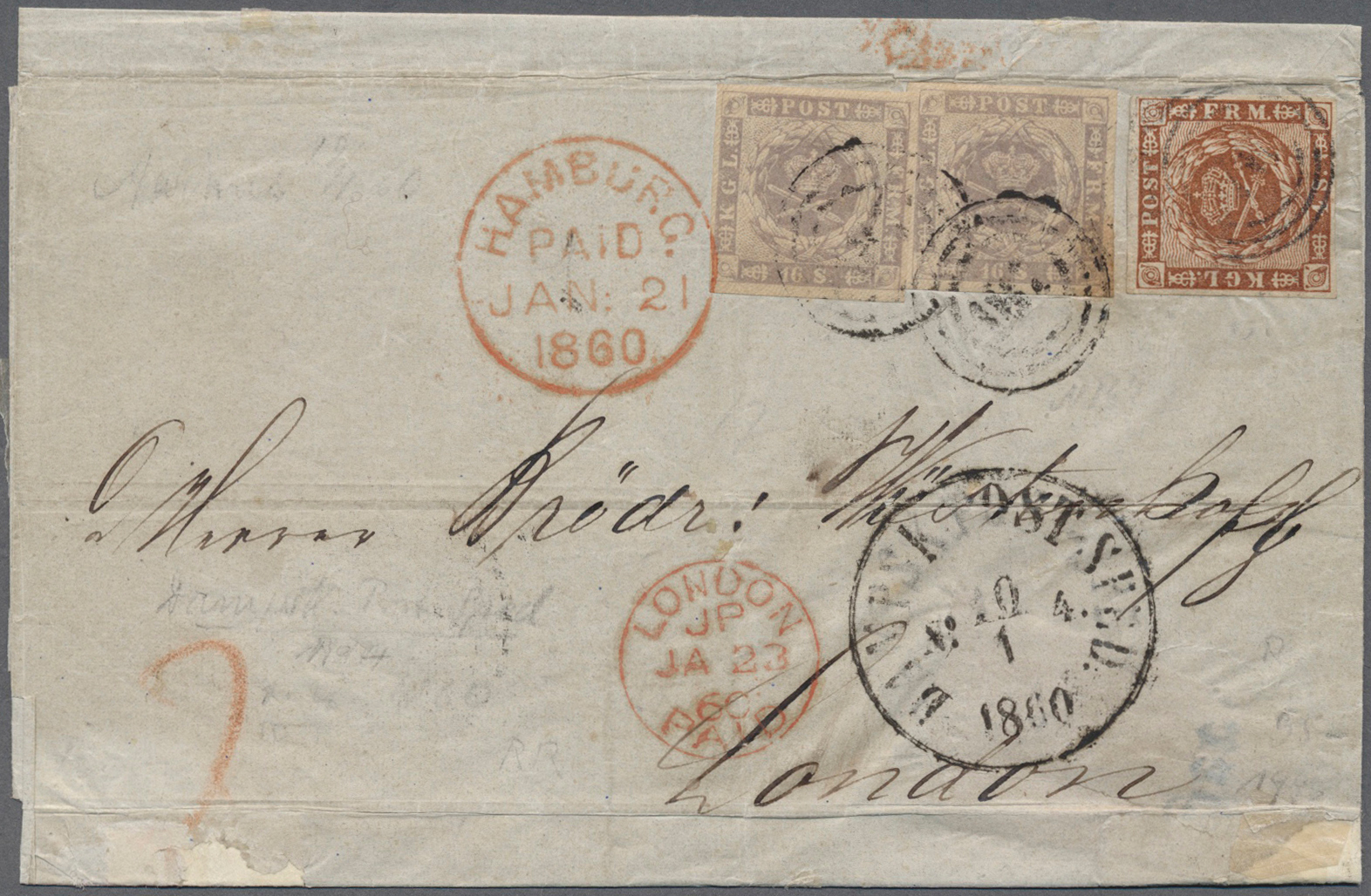 Br Dänemark: 1854, Dotted Spandrels 16 Sk.grey-violet (2 Ex.) And 4 Sk. Red-brown, All With Wide Margins Tied By - Covers & Documents
