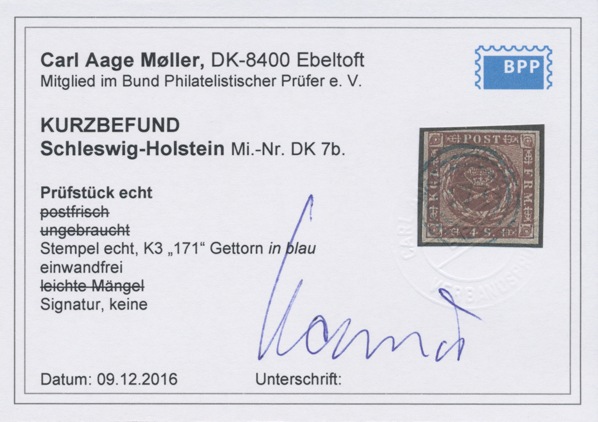 O Dänemark: 1858, 4 S. Brown Cancelled "171" GETTORN In Blue, Cert. Moeller BPP - Covers & Documents