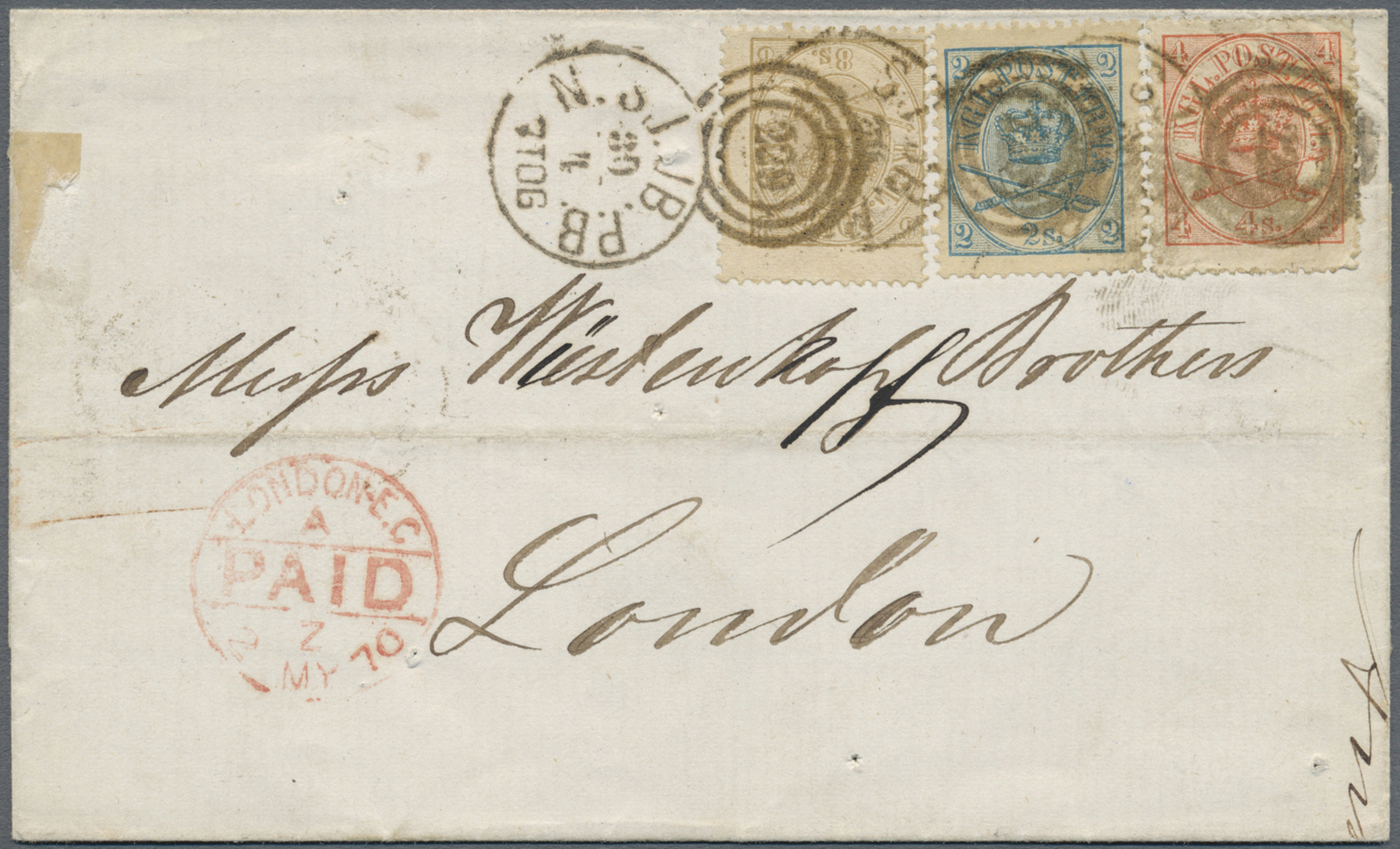 Br Dänemark: 30.4.1870, 4 Sk. Rot, 2 Sk. Blau U. 8 Sk. Braun, 3-Farben-Frankatur A. Brief M. K3-Nr-o "229" N. Lon - Covers & Documents