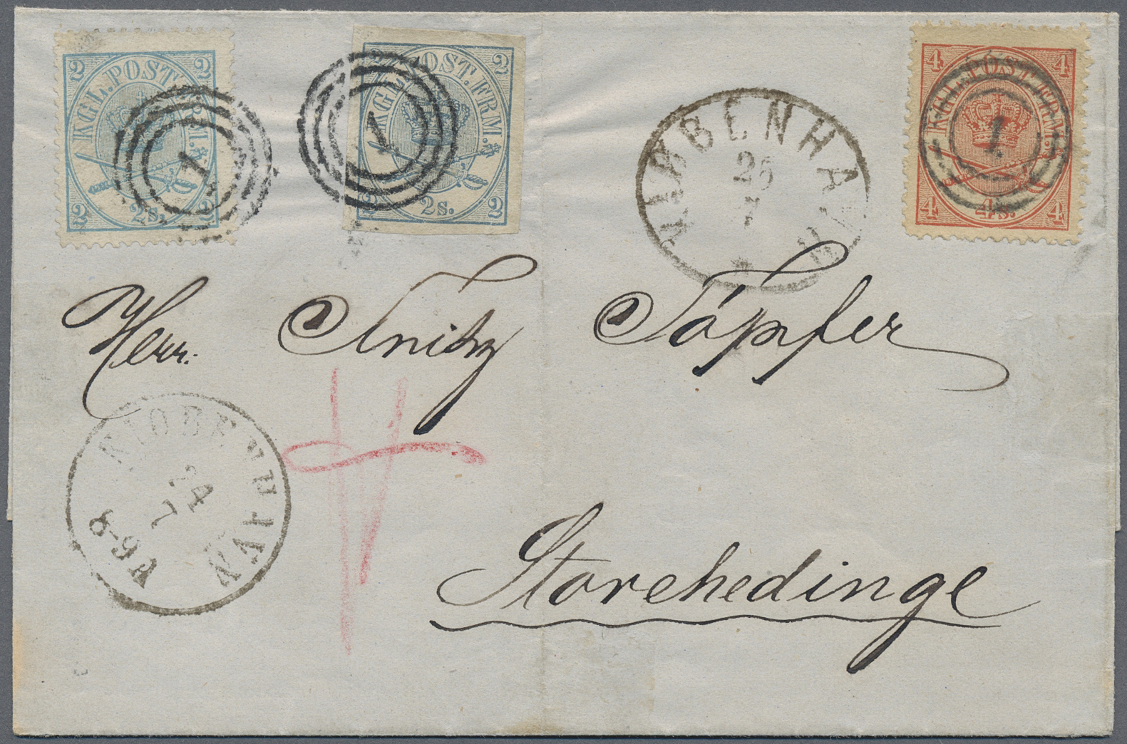 Br Dänemark: 1869, 2s. Blue IMPERFORATE In Combination With 2s. Blue Perf. And 4s. Red, On Lettersheet Clearly Ob - Lettres & Documents