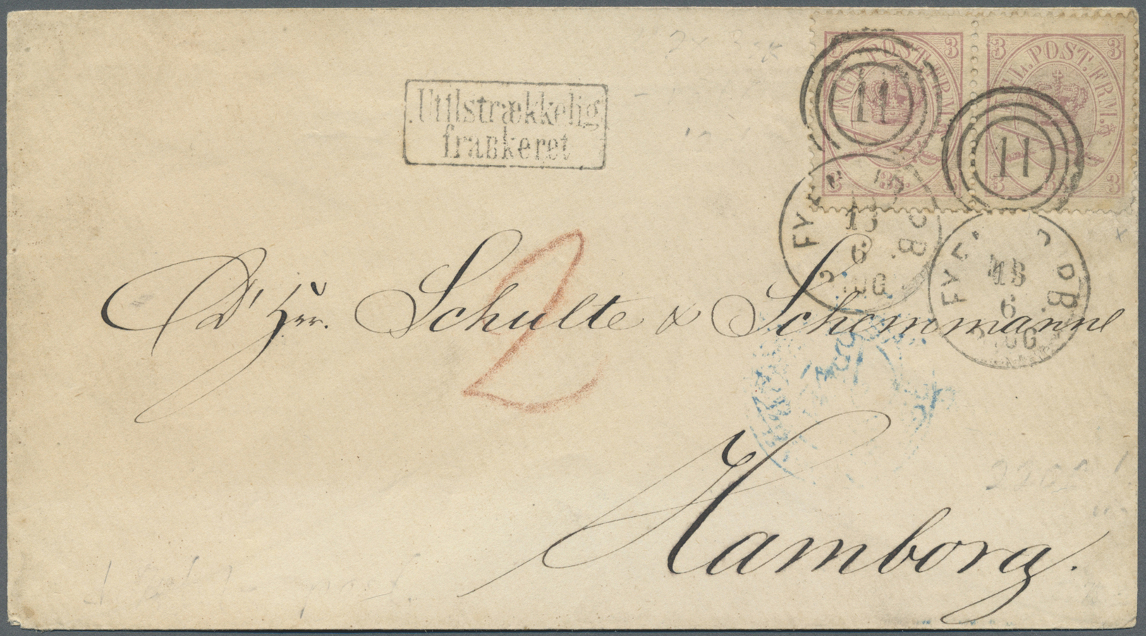 Br Dänemark: 1864, Briefumschlag Mit Paar 3 Sk. Lila, Gez. K13:12½ (rechte Untere Ecke Verbessert) Mit Duplex-Ste - Lettres & Documents