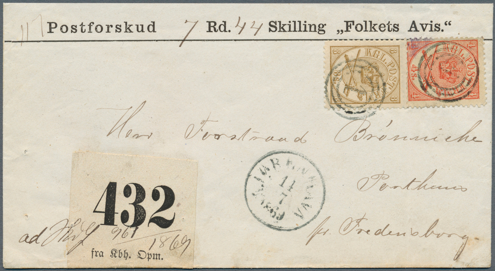 Br Dänemark: 1864, 4 Sk. Red And 8 Sk. Yellow-brown On Fresh Money-letter Sent From "KJOBENHAVN 14/7 1869" Freden - Lettres & Documents