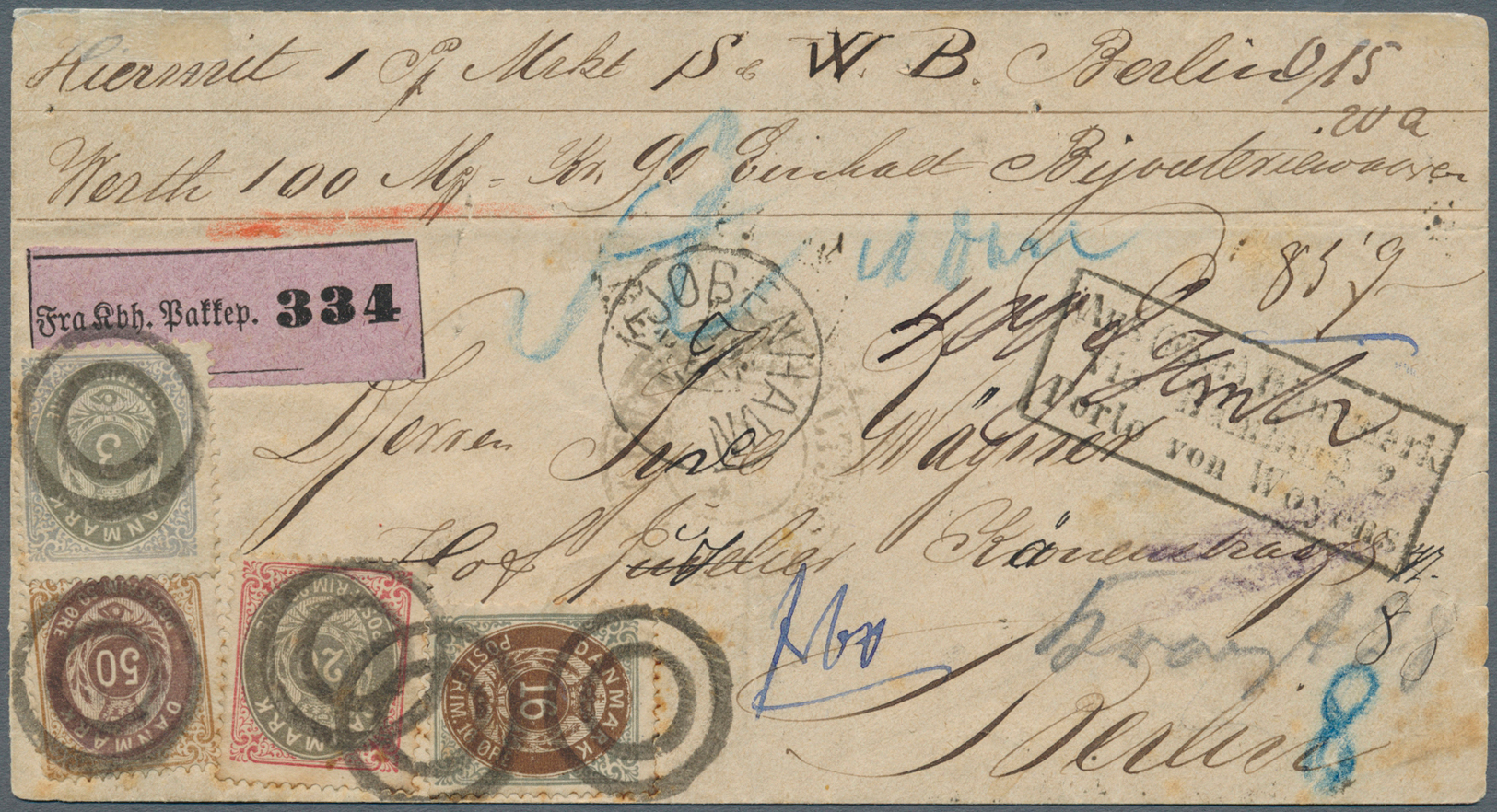 Br Dänemark: 1875, 50 Ö Brown/red Lilac (inverted Frame), 3 Ö Dull Blue/gray, 16 Ö Grey/brown, And 20 Ö Grey/red, - Lettres & Documents