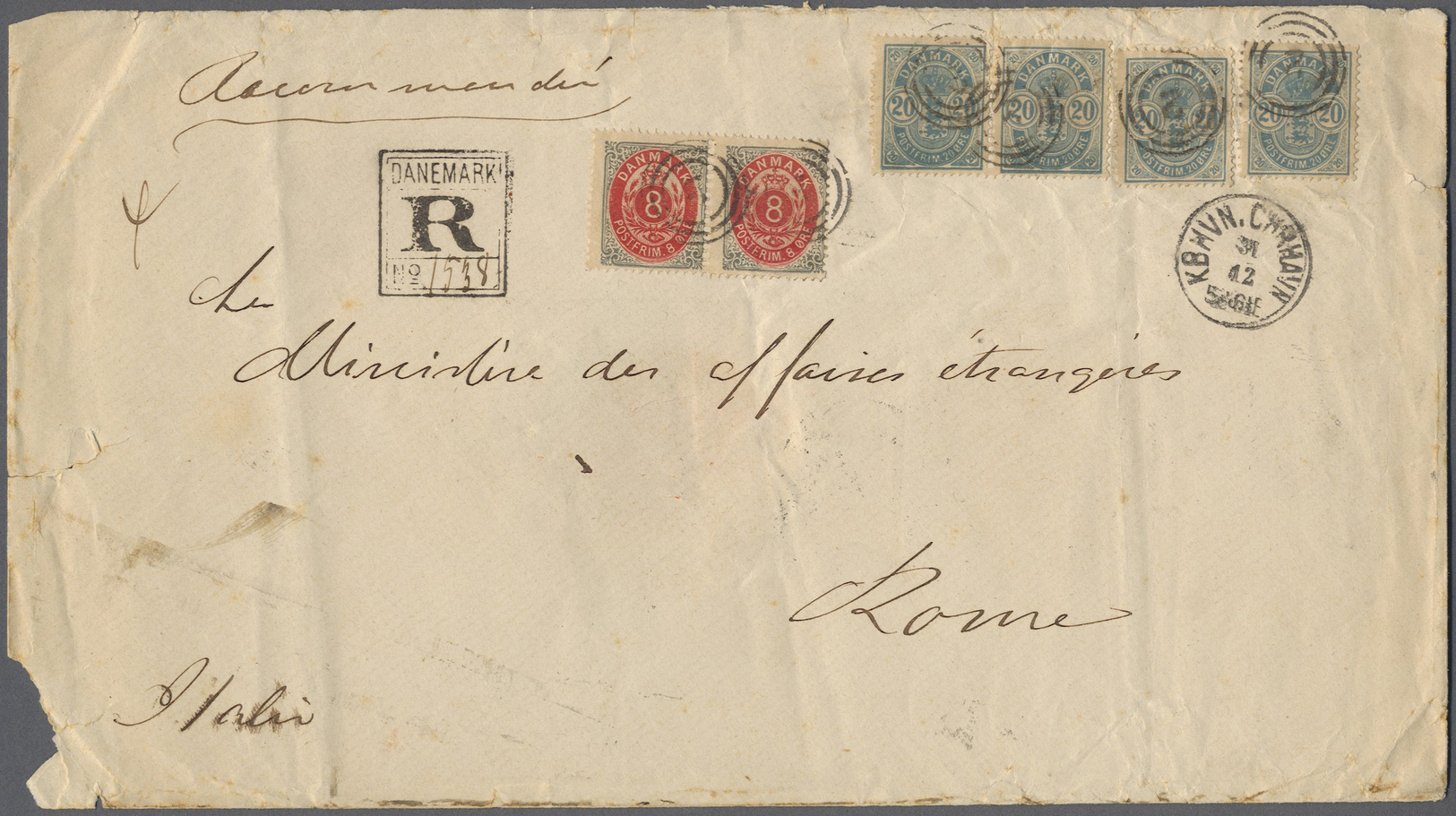 Br Dänemark: 1884, Einschreiben Der 4. (!) Gewichtsstufe Von Kopenhagen Nach Rom. Umschlag 24x13,5 Cm, Leichte Be - Lettres & Documents