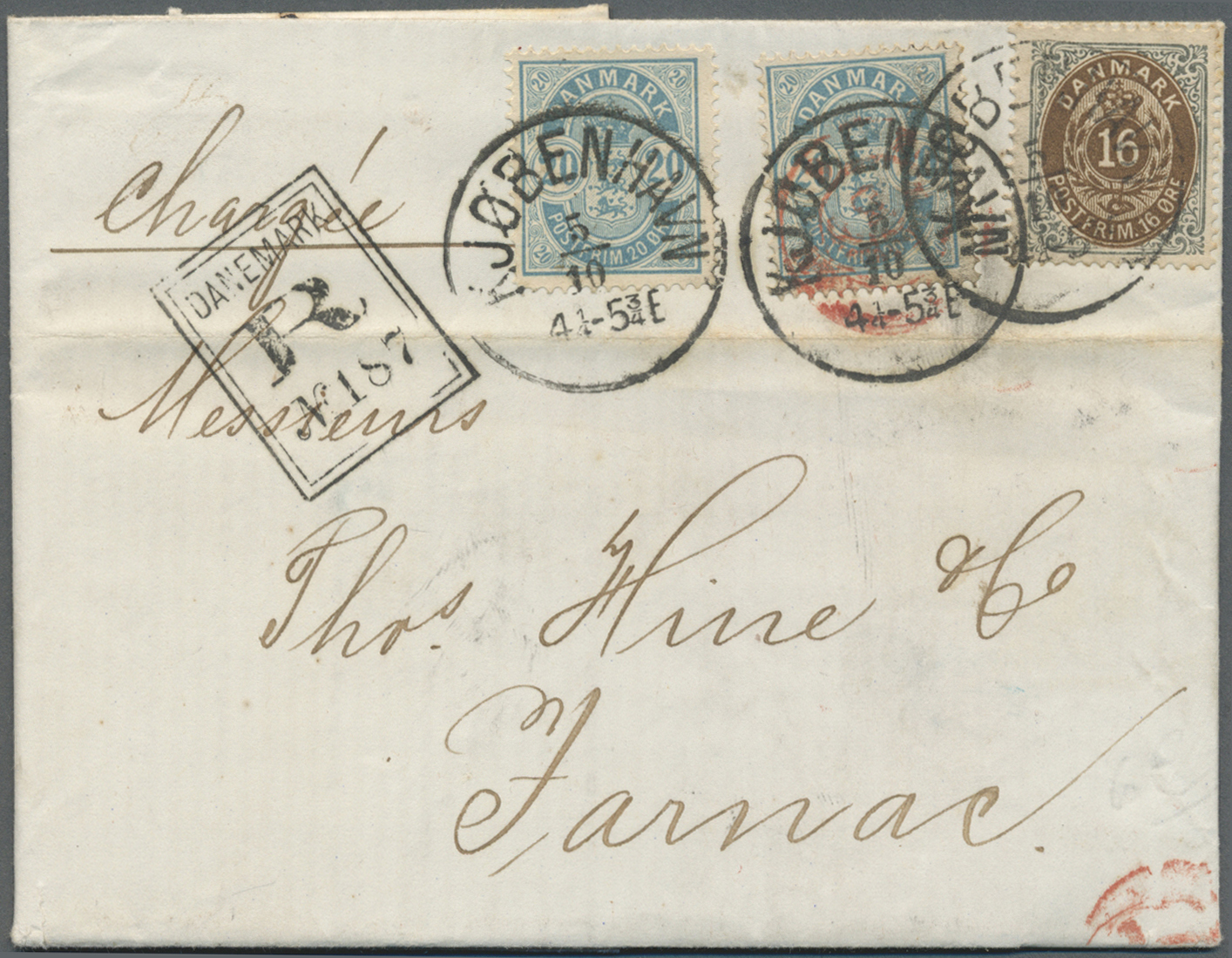 Br Dänemark: 1887. Registered Envelope Addressed To France Bearing Yvert 26, 16o Grey And Brown And Yvert 37, 20o - Lettres & Documents