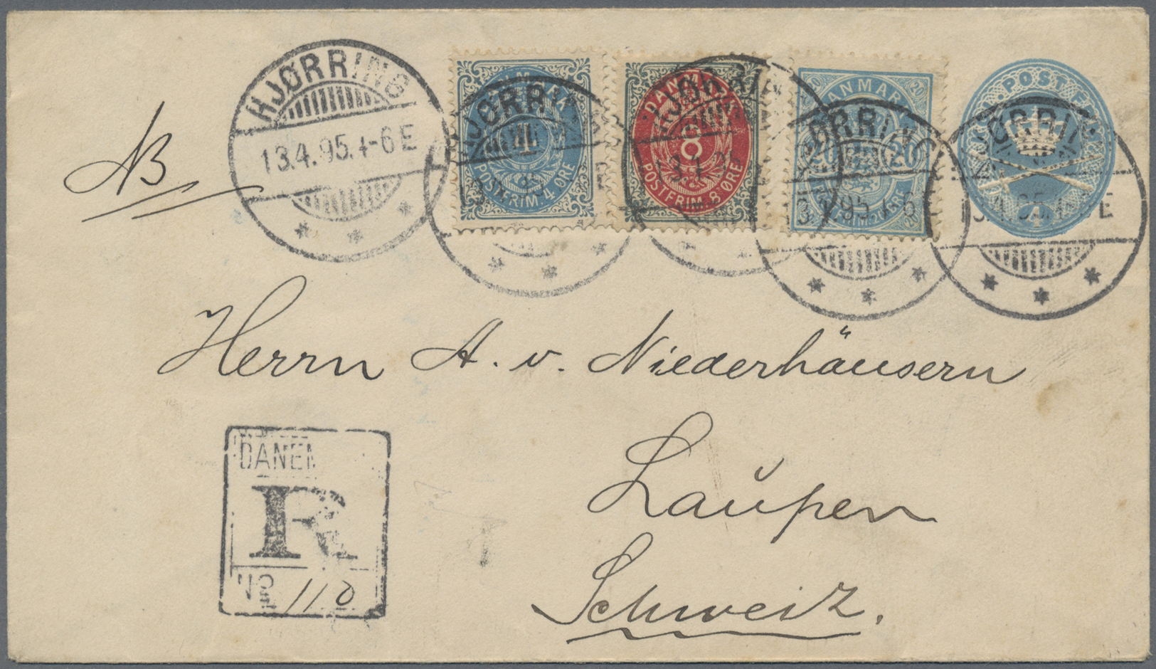 GA Dänemark: 1895, Stationery Envelope Uprated With 4,8 And 20 Øre Sent Registered From HJØRRING TO SWITZERLAND: - Lettres & Documents