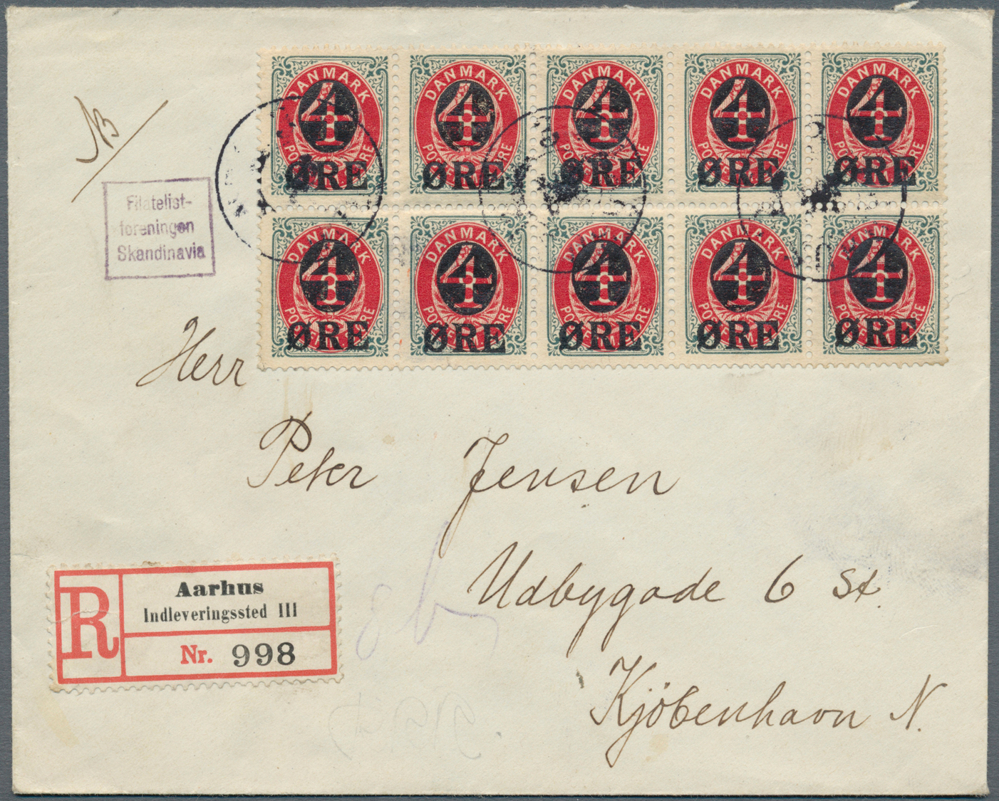 Br Dänemark: 1904, "4 ÖRE" On 8 Ö With Watermark "new Crown" In Block Of Ten On Registered Letter Sent From Aarhu - Lettres & Documents