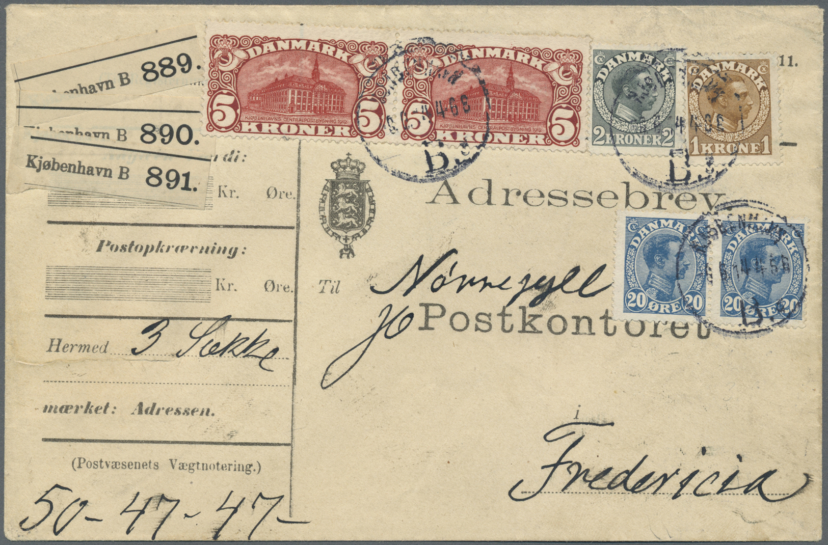 Br Dänemark: 1912, Waagrechtes Paar 5 Kronen "Zentralpostamt" Sowie Christian V: 2x 20 Ö, 1 Kr. Und 2 Kr. Auf Pak - Covers & Documents