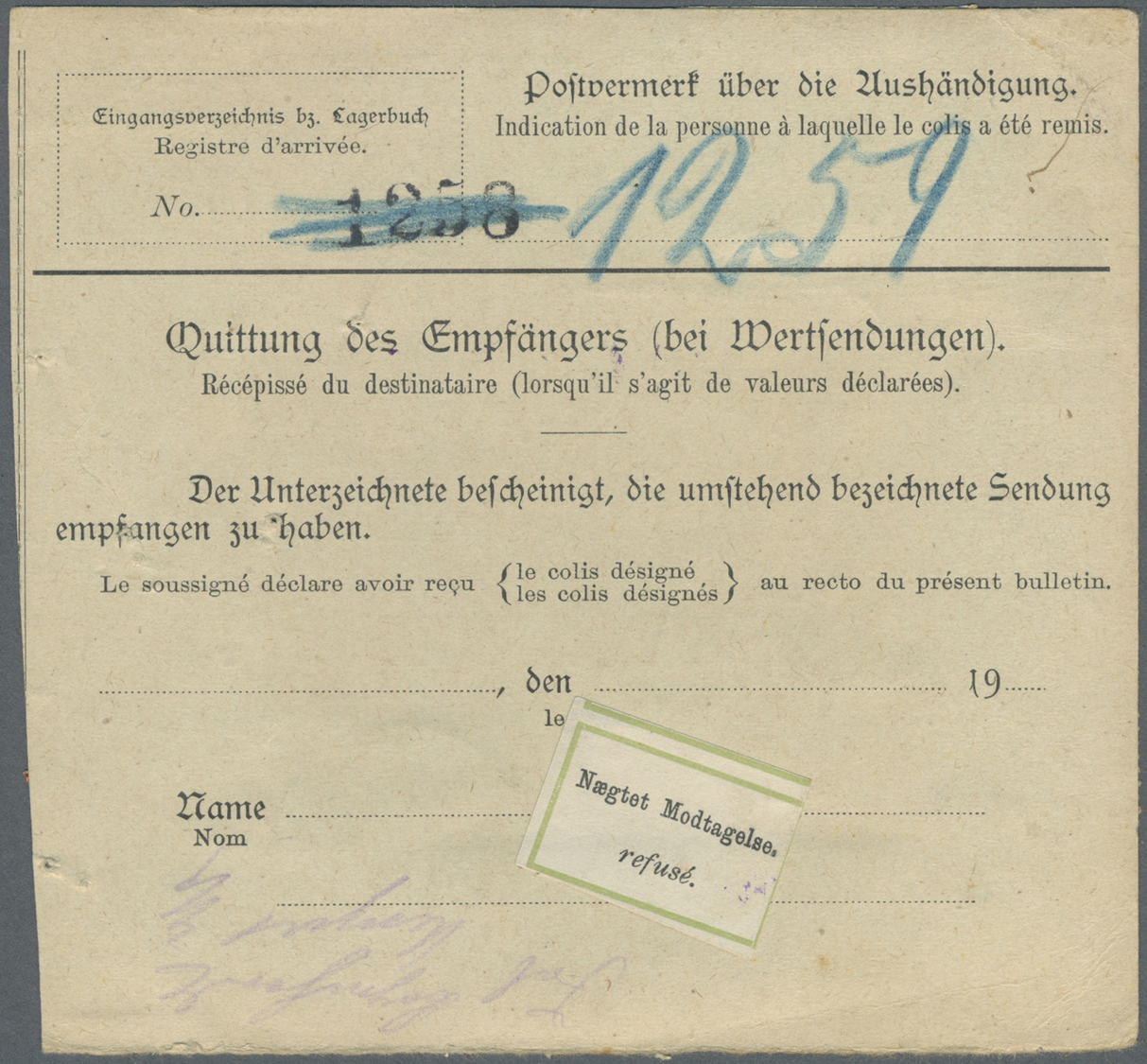 Dänemark: 1913, Deutsche Wert-Paketkarte Mit Germania 4x 15 Pf. Und 80 Pf Von Leipzig 27.7.17 über Fredericia - Covers & Documents