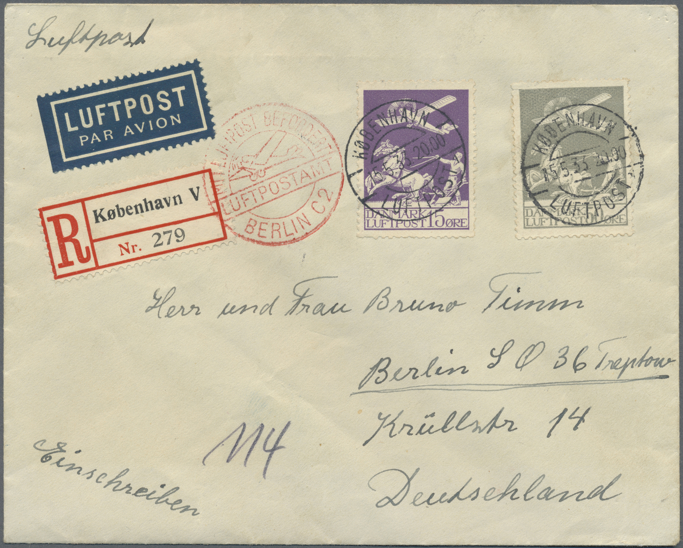Dänemark: 1933 (15.5.), Registered Airmail Cover Bearing Airmail Stamps 15 Öre Violet And 50 Öre Grey Used Fro - Lettres & Documents