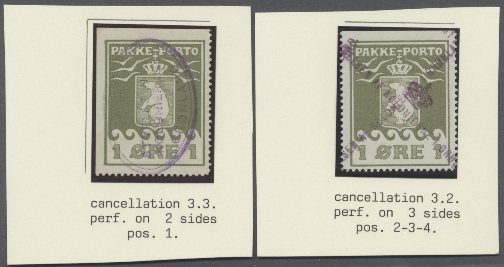 O Dänemark - Grönländisches Handelskontor: 1915, Lot von 7 Stücken "1 Öre (gez. L 11¼)", versch. (Teil-)Zähnunge