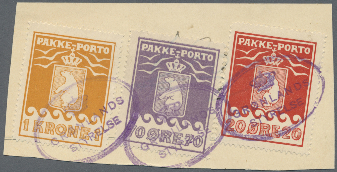 Brrst Dänemark - Grönländisches Handelskontor: 1930 (ca.), Pakke-Porto 1kr. Yellow, 70öre Violet And 20öre Red Used - Other & Unclassified