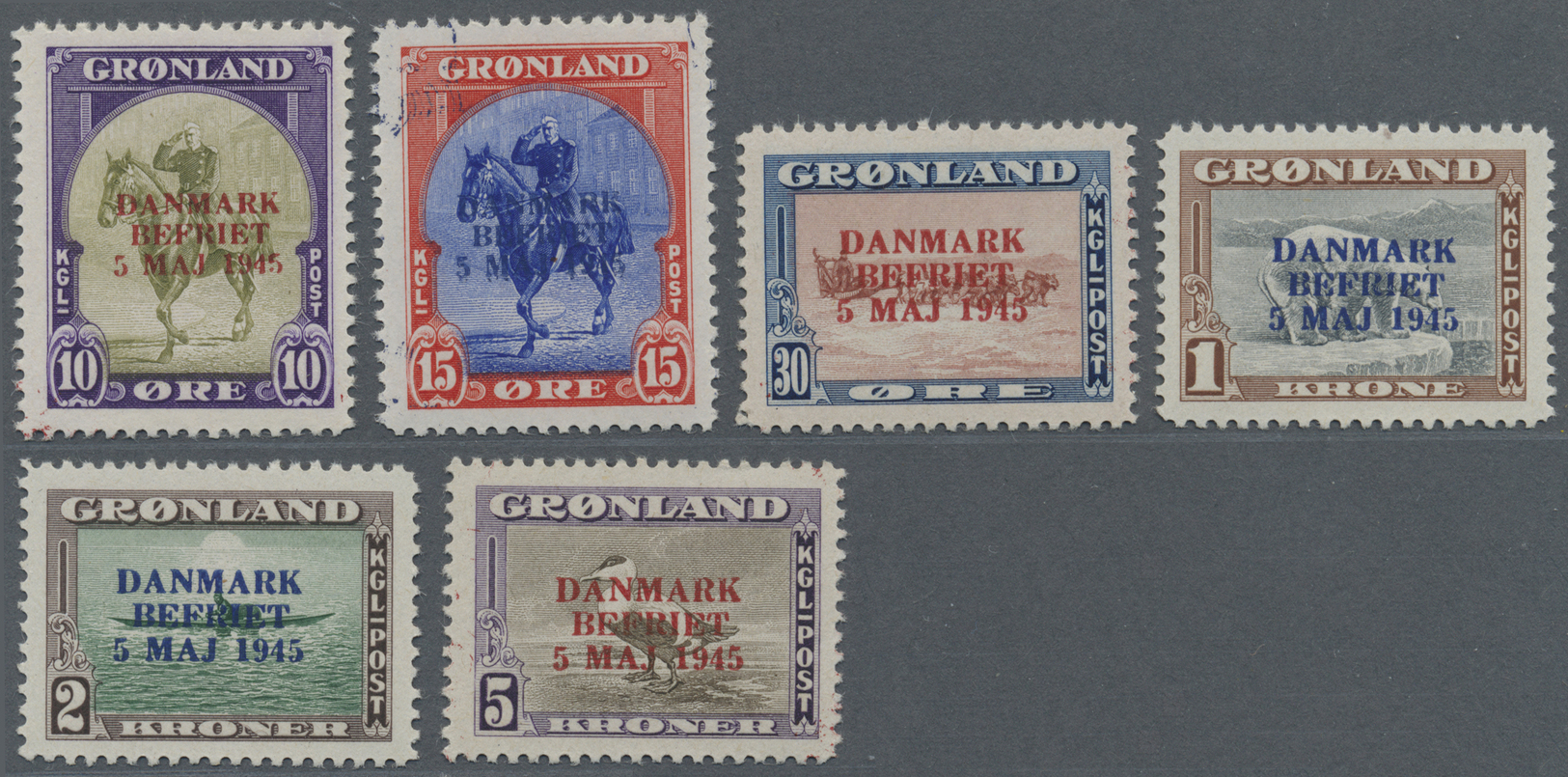 **/O Dänemark - Grönland: 1945, 10 Öre - 5 Kronen Befreiung Dänemarks Ausgaben Mit Andersfarbigem Aufdruck. Der 15 - Covers & Documents