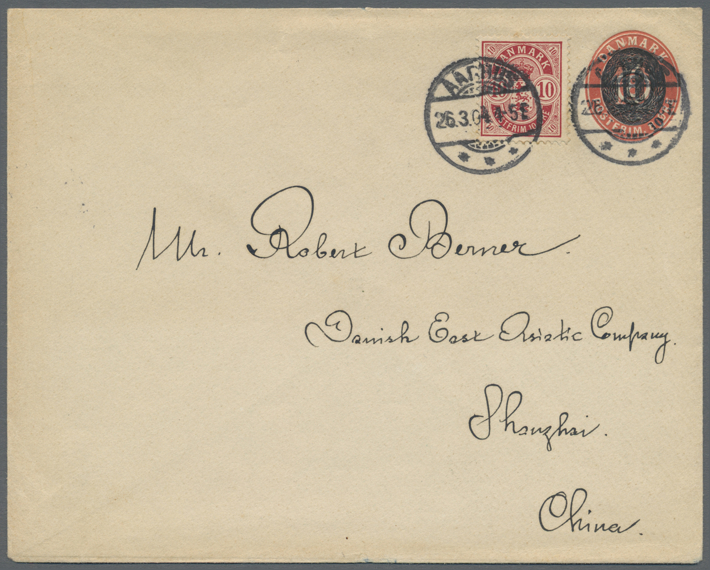 GA Dänemark - Ganzsachen: 1904, Uprated Provisional 10 On 8 Öre Envelope Sent From AARHUS To "Deutsch East Asiati - Postal Stationery