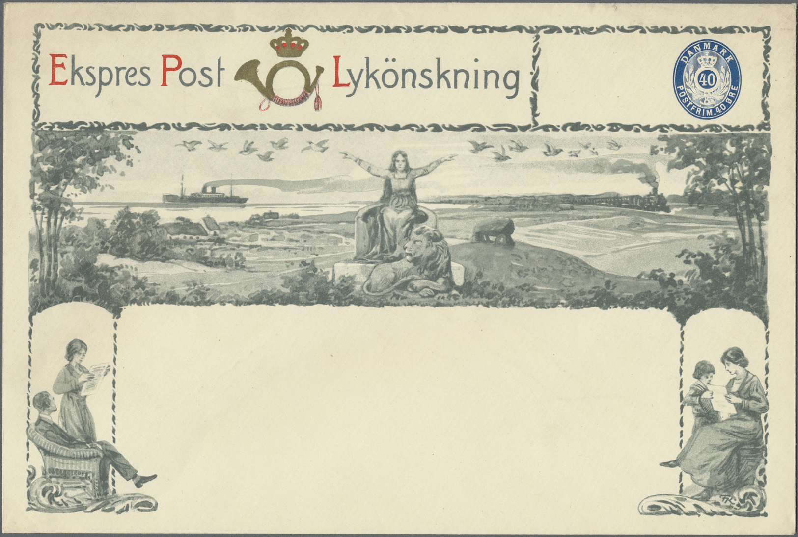 GA Dänemark - Ganzsachen: (ca.) 1930 Reich Illustrierter Farbiger GA-Privatumschlag 40 Öre "Ekspres Post Lykönskn - Entiers Postaux