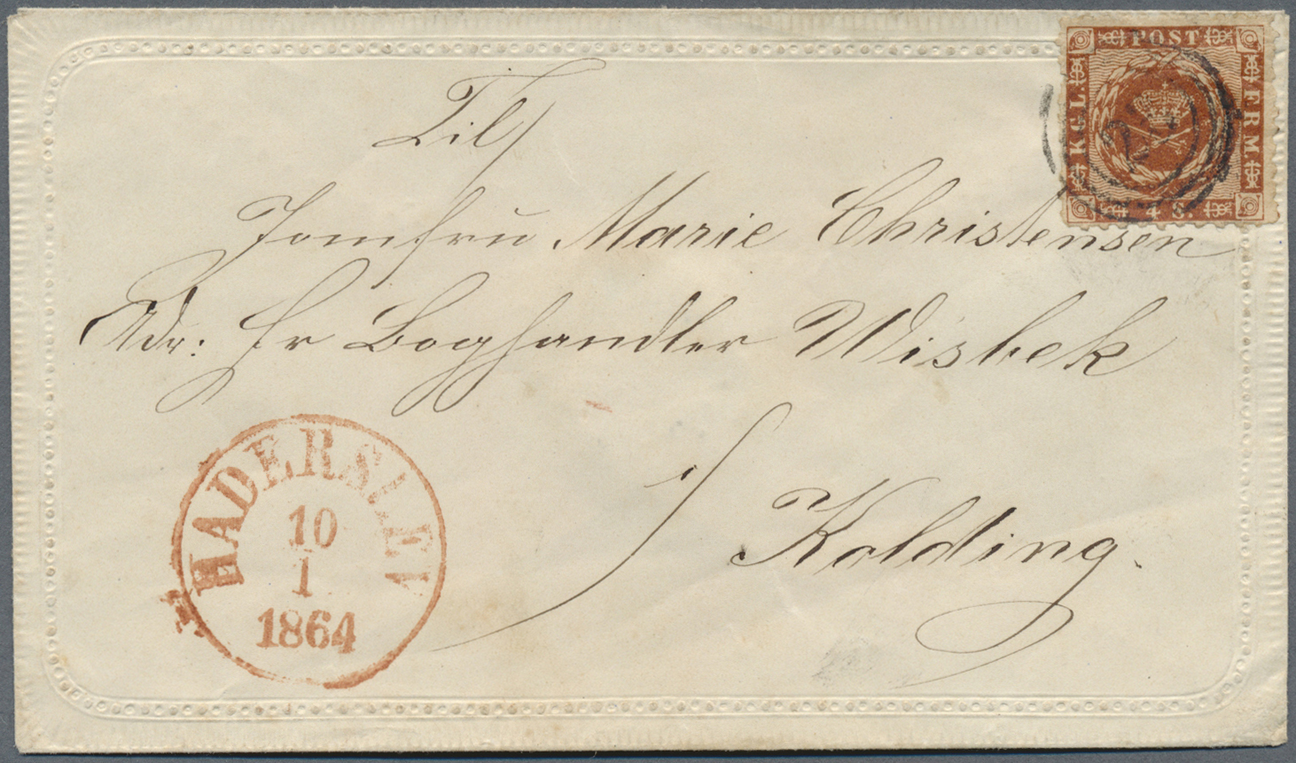 Br Dänemark - Stempel: "HADERSLEV", 1864, 4 S. Rötlichbraun Auf Prägezierbrief Entwertet Mit K3 "26" Und Beigeset - Franking Machines (EMA)