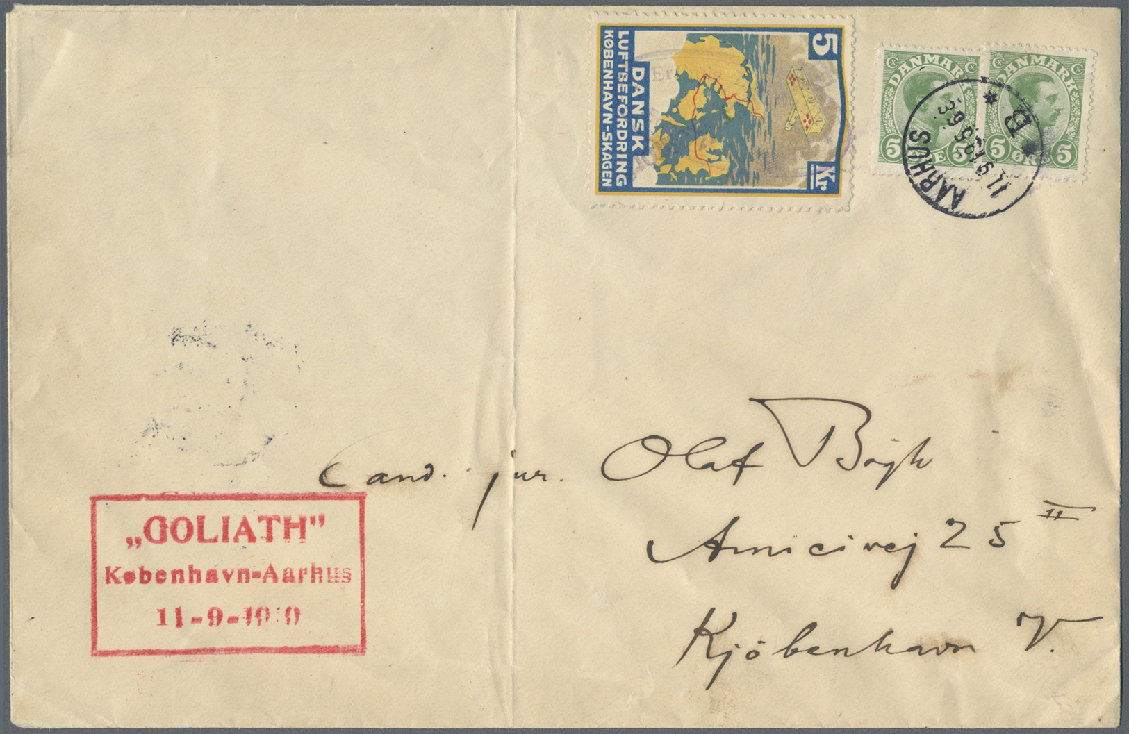 /**/* Dänemark - Besonderheiten: 1919 (11.9.), Special Airmail Cover Bearing Two Singles King Christian 5öre Green, - Other & Unclassified