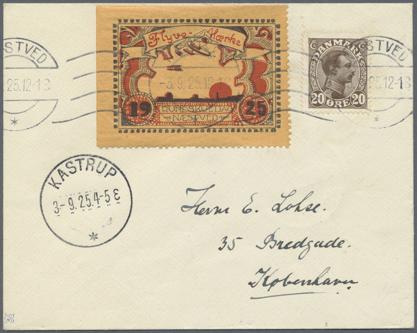 Dänemark - Besonderheiten: 1925 (3.9.), Special Flight Cover Bearing King Christian 20öre Brown And Special Ai - Other & Unclassified