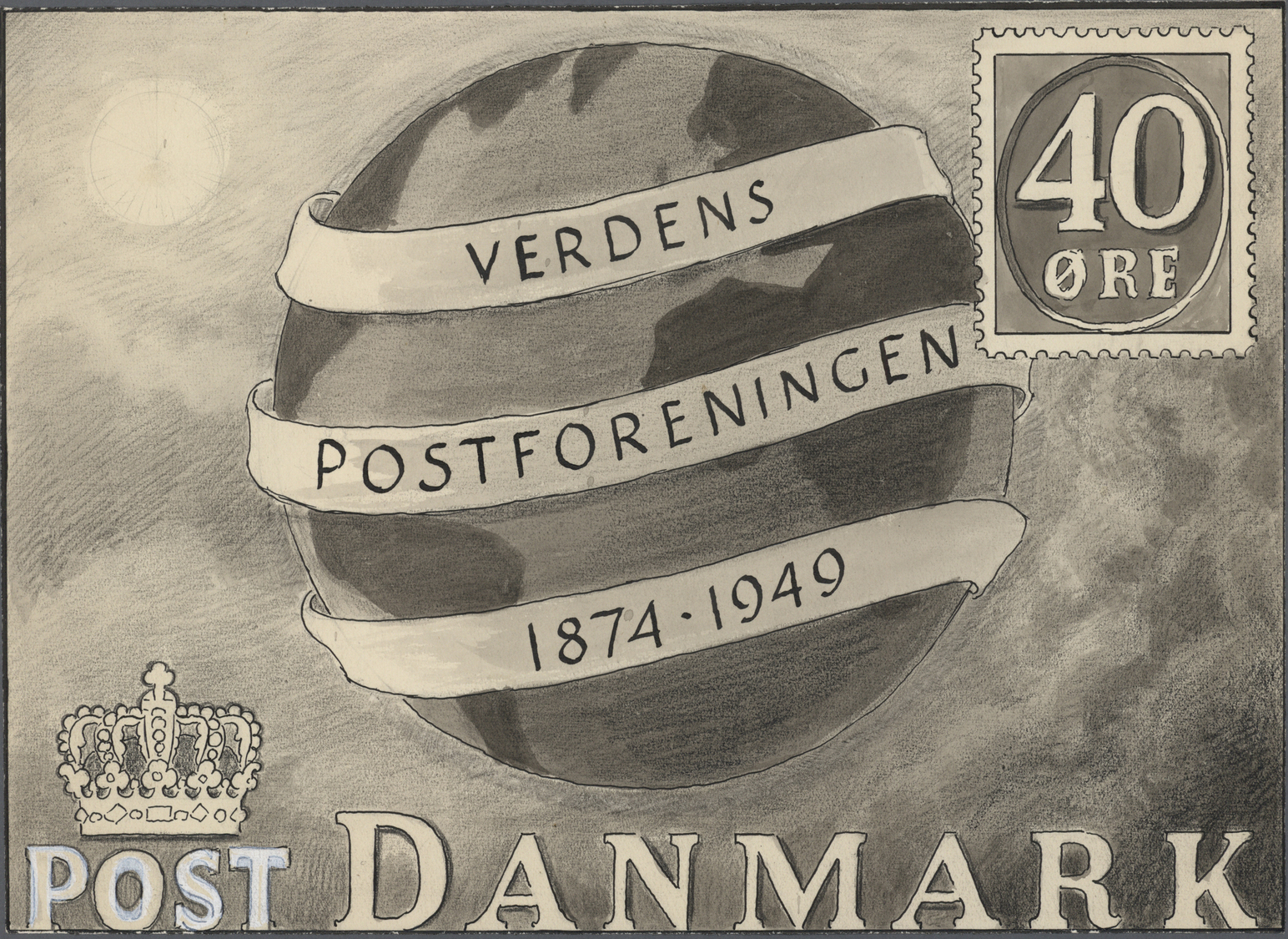 Dänemark - Besonderheiten: 1949. Artwork For The Issue "UPU, 75th Anniversary". Pen And Ink On Art Paper. Arti - Autres & Non Classés