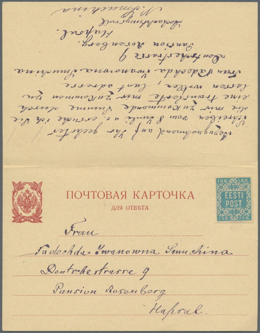 Br Estland: 1918, Freimarke: Wertzahl Mit Münzangabe 15 K Auf Russischer Doppel-Ganzsachenkarte Von "HAAPSALU 15. - Estonie