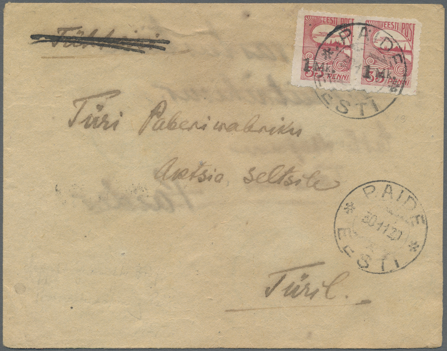 Br Estland: 1919/1922, Three Covers And One Souvenier Postcard With Local Postmaster Perforation Stamps From PAID - Estonia