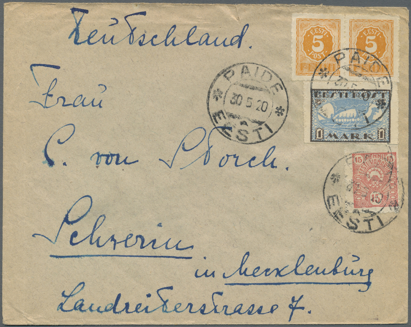 Br Estland: 1919/1922, three covers and one souvenier postcard with local postmaster perforation stamps from PAID