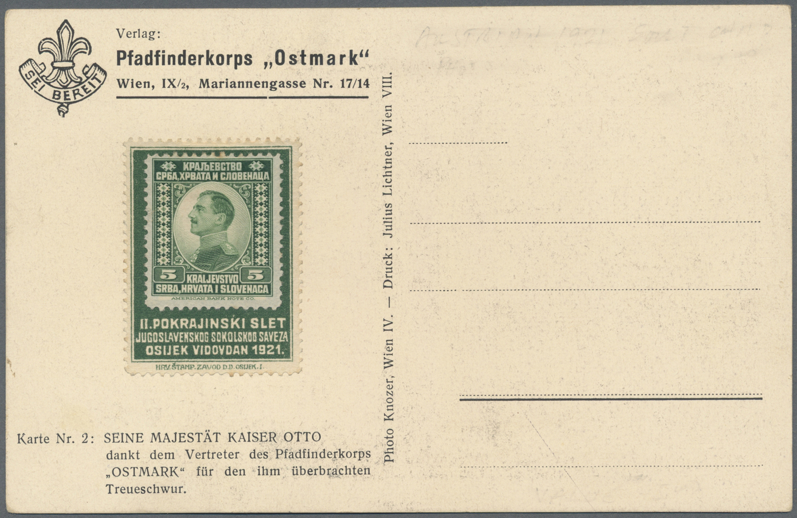 Br Thematik: Pfadfinder / Boy Scouts: 1921, Austrian Post Card "Pfadfinderkorps Ostmark", Unused. - Autres & Non Classés