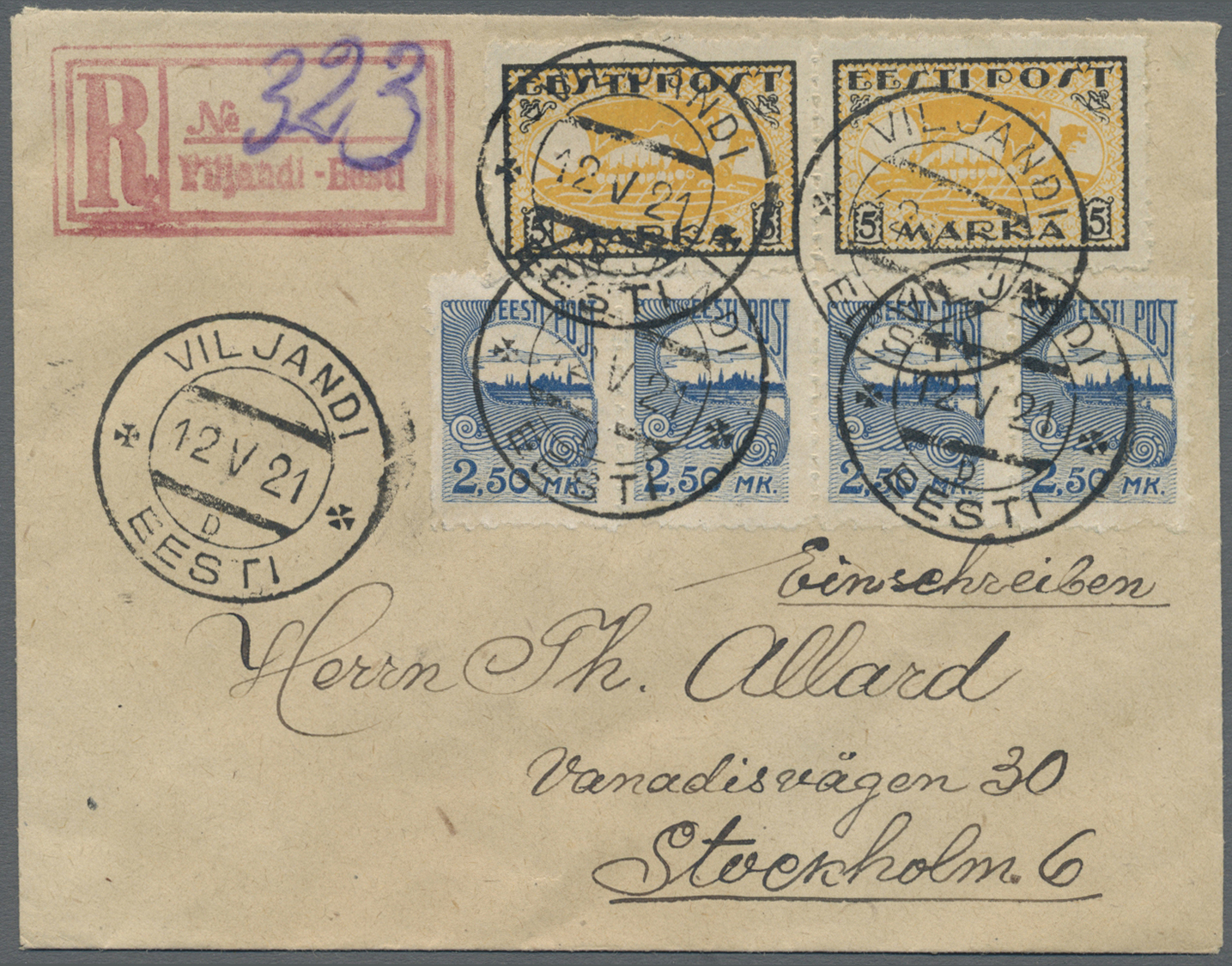 Br Estland: 1920, Pair 5 Marka Viking Ship And 4x 2,50 M All With PRIVATE POSTMASTER PERFORATION On Registered Co - Estonia