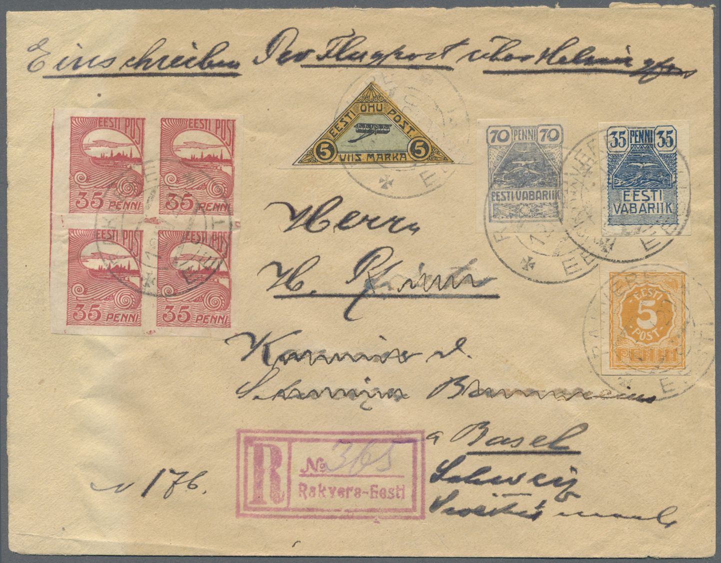 Estland: 1920, Airmail 5 M. And 7 Other Postage Stamps, Tied By Cds. "RAKVERE 12.IV.20." To Registered Cover W - Estonie