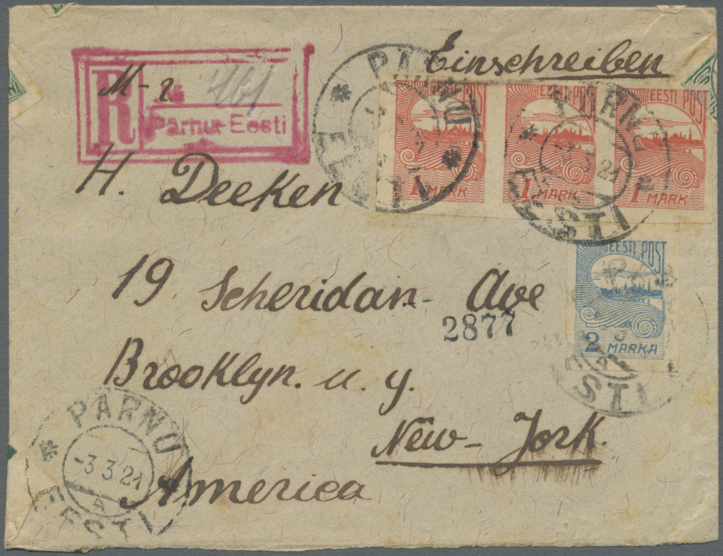 Br Estland: 1920-21 Three Registered Covers To Brooklyn, N.Y., U.S.A. Franked With 'Reval' Definitives, One Cover - Estonie