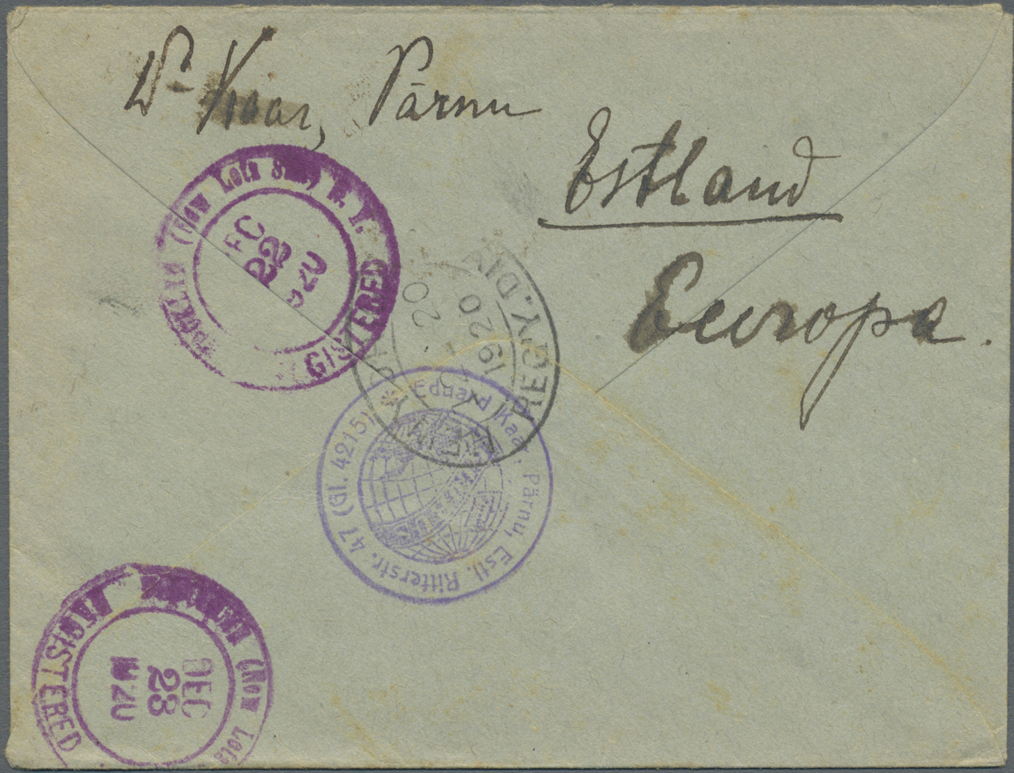 Br Estland: 1920-21 Three Registered Covers To Brooklyn, N.Y., U.S.A. Franked With 'Reval' Definitives, One Cover - Estonia