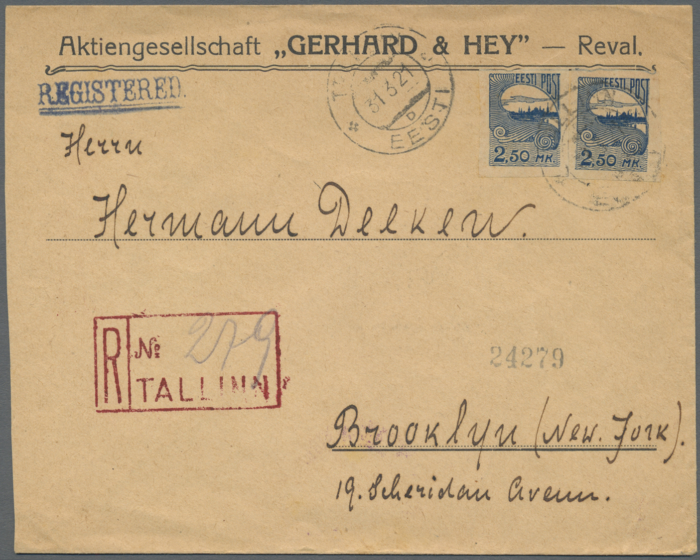 Br Estland: 1920-21 Three Registered Covers To Brooklyn, N.Y., U.S.A. Franked With 'Reval' Definitives, One Cover - Estonia