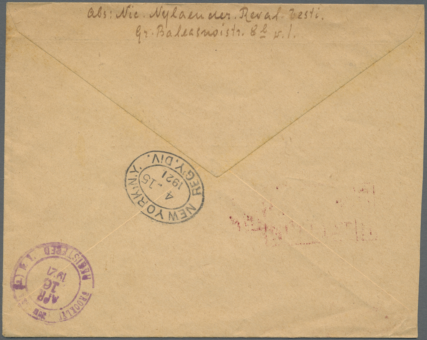 Br Estland: 1920-21 Three Registered Covers To Brooklyn, N.Y., U.S.A. Franked With 'Reval' Definitives, One Cover - Estonie