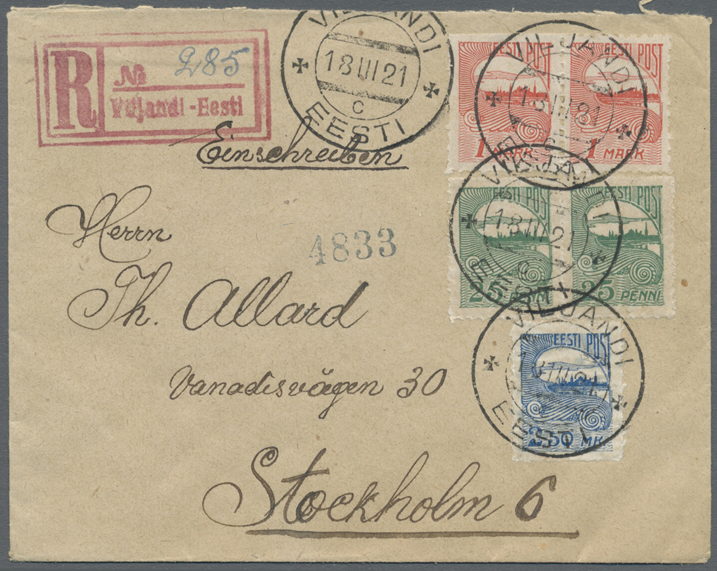 Br Estland: 1920, 2,50 M, And Pairs Of 41 M And 25 P, All With PRIVATE POSTMASTER PERFORATION On Registered Cover - Estonie