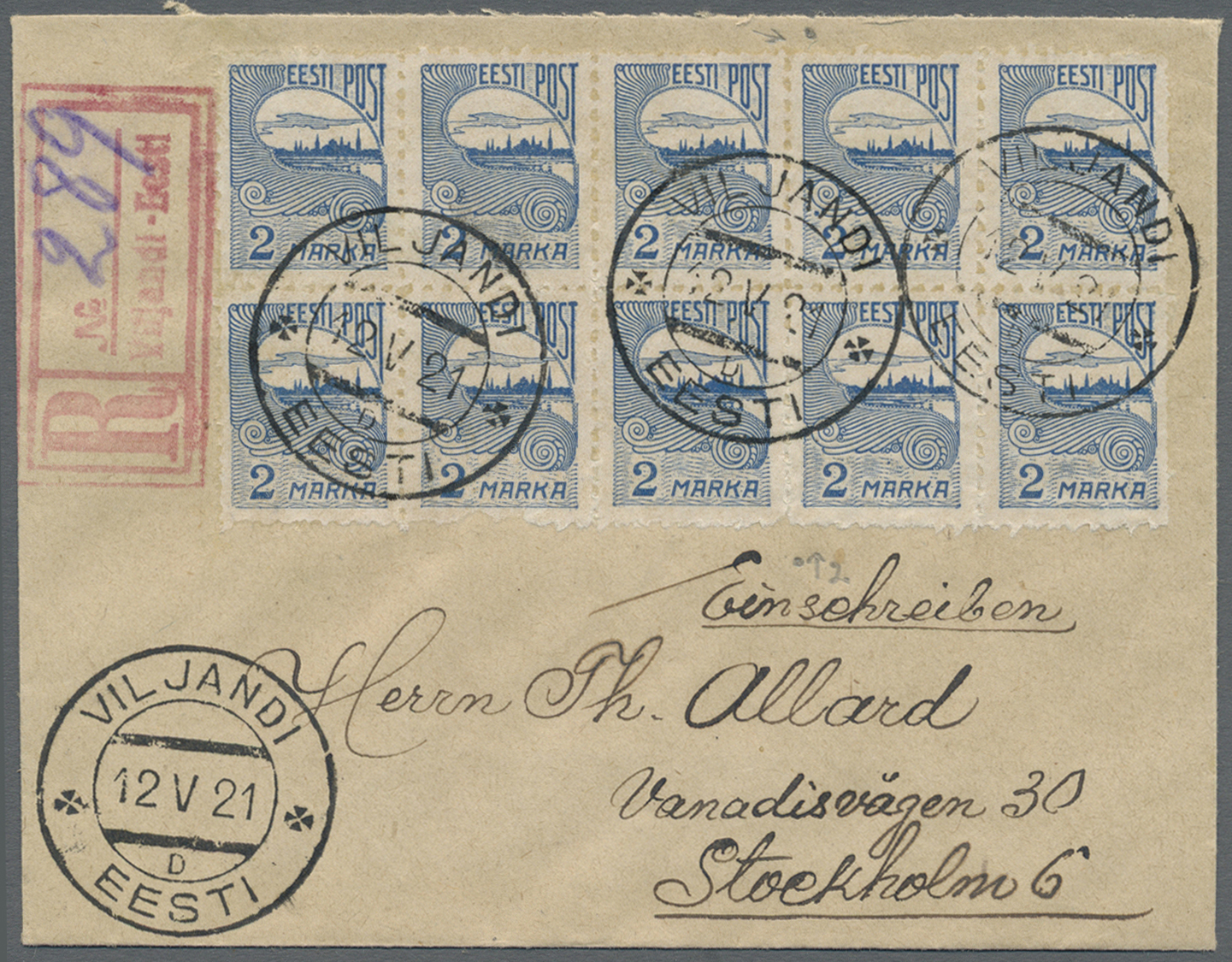 Br Estland: 1920, 2 M Blue In Block Of Ten, All With PRIVATE POSTMASTER PERFORATION On Registered Cover Sent From - Estonie